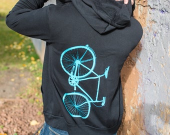 Bike Hoodie, Mens, Unisex Zip Up, Bicycle Screen Print, Heather Black Hoodie, Cyclist Gift, Cozy Hoodie