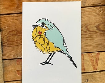 May include: A yellow and blue bird illustration with a red heart on its chest. The bird is outlined in black and has a long tail.