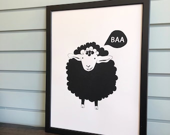 Black Sheep Print, 12 x 16 Inch Screen Print, Animal Wall Art, Framed Print, Farm Animal