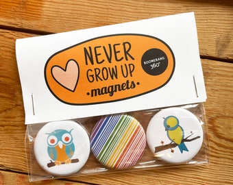Magnet Pack, Never Grow Up, Small Round Magnets, Fridge Magnets, Owl, Bird, Rainbow