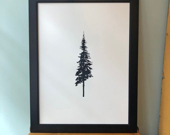 Tree Print, Screenprint, Spruce Tree Art, Paper Print, Wall Art, Black & White, Minimalist Art, 24 x 18 Inch