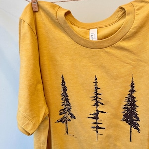 Tree T-Shirt, Mustard, Mens, Unisex Style, 3 Tree Design, Pine Trees, Natural, Nature Screenprint