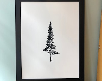Tree Print, Screenprint, Douglas Fir Tree Art, Paper Print, Wall Art, Black & White, Minimalist Art, 24 x 18 Inch