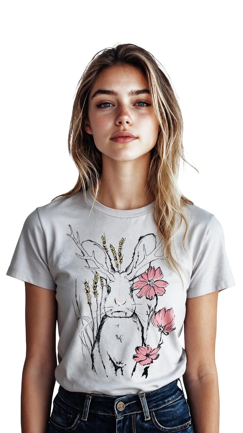 K&ouml;nnte beinhalten: Ein hellgraues Kurzarm-T-Shirt mit einer schwarzen Strichzeichnung eines Hasen mit Geweih, umgeben von gelben Weizen&auml;hren und drei rosa Bl&uuml;ten. Das Motiv ist mittig auf der Brust des Kleidungsst&uuml;cks platziert.
