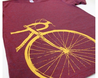 Bike T-shirt (Mens / Unisex) Cranberry with Yellow Road Bike Screen Print