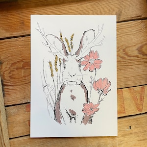 Carte postale Jackalope, carte postale 4 x 6 pouces, Jackalope dessin, oeuvre d'art originale