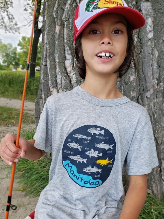 Kids Fishing Tee, Manitoba Fish T-shirt, Graphic Tee, Screenprint, Blue  T-shirt, Grey T-shirt, Fish Design -  Canada