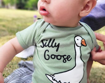 Silly Goose Baby Bodysuit: Green  or Grey Gender Neutral Romper