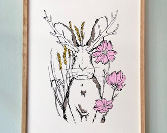 Jackalope Siebdruck: Mythische Folklore Kunstdruck (28 x 35 cm)