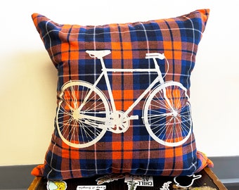 Bike Pillow Cover, Plaid Pillow, 20 x 20 Inch, Bicycle Pillow, Orange & Blue Plaid Pillow