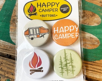 Camping Button Pack, Set of 4 Pin-Back Buttons, Happy Camper, Pine Trees, Campfire, Tent Camper