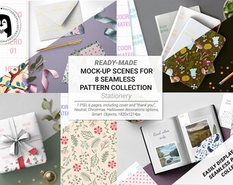 Stationery Mockups PSD for Pattern Collection Presentation | 6 Scenes | Notebook, Gift Paper, Digital Paper | Christmas & Halloween Mockups