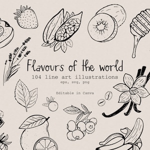 May include: Black and white line art illustrations of various fruits, vegetables, and spices. The illustrations include a fig, kiwi, strawberry, lemon, banana, vanilla bean, rosemary, and more. The text "Flavours of the world" and "104 line art illustrations" is included in the image.