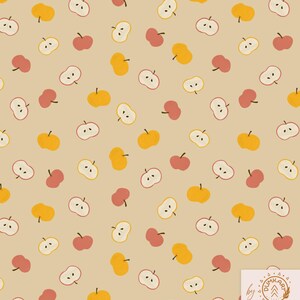 Könnte beinhalten: Ein nahtloses Muster mit handgezeichneten Äpfeln in Gelb, Rot und Weiß auf beigem Hintergrund. Das Bild enthält den Text "Seamless pattern 3600x3600 px PNG, 300 DPI" und "PENGUINART STUDIO HAND-DRAWN PATTERNS AND CLIPARTS".