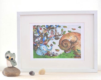elephant nursery art, animal tea party, unisex baby gift, whimsical wall art, kids room decor, colourful, limited prints, beilexian