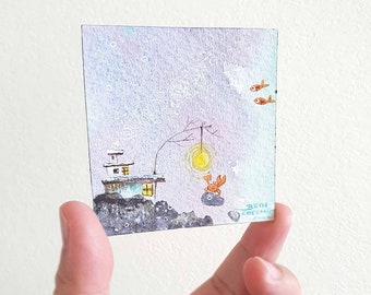 miniature watercolor, Christmas, crab gift, small wall art, boat, original painting, 2.5" x 2.5", whimsical painting, beilexian