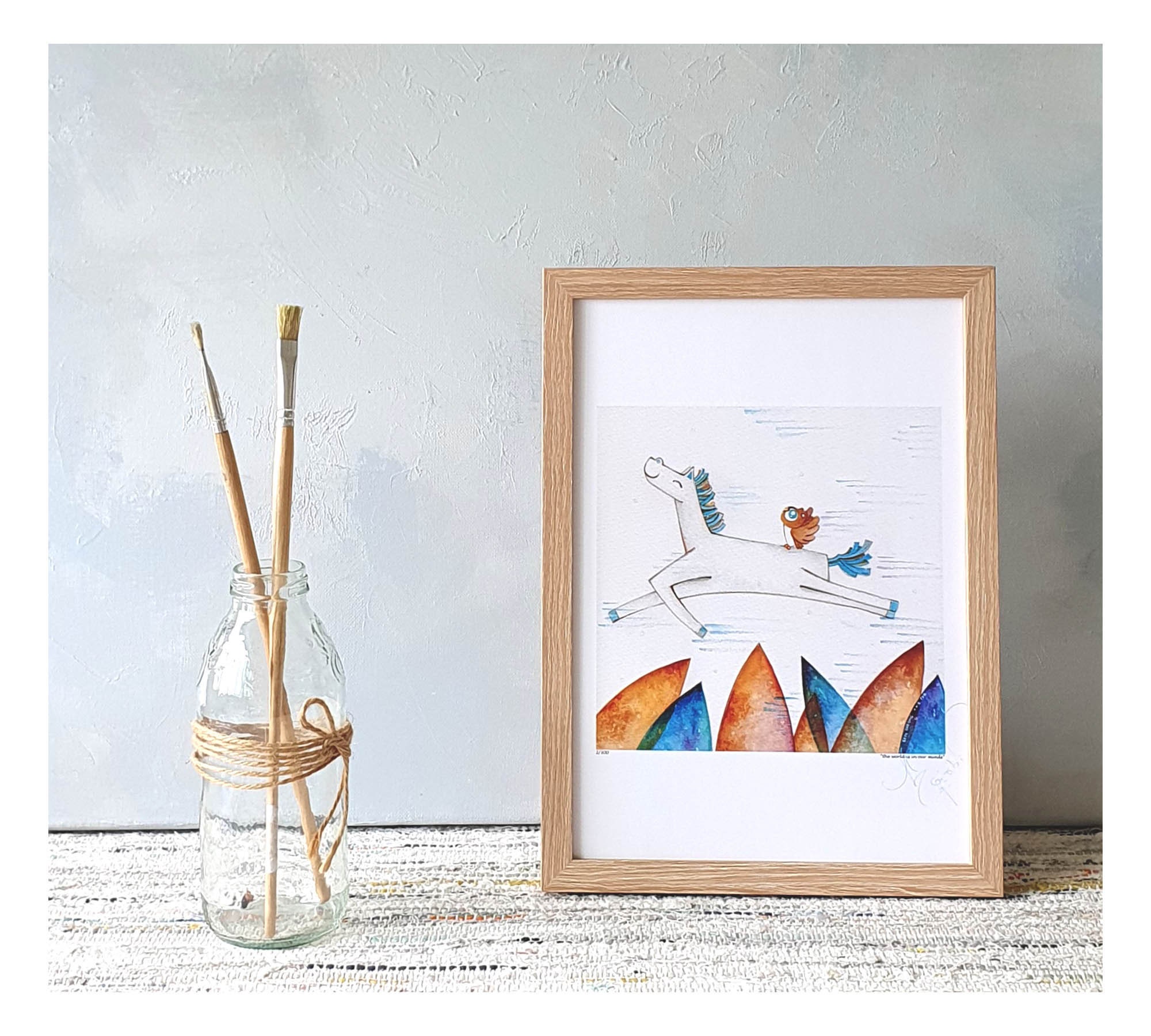 horse for girl nursery , owl gift, cute forest room decor, wanderlust art, A4 frame, whimsical paint