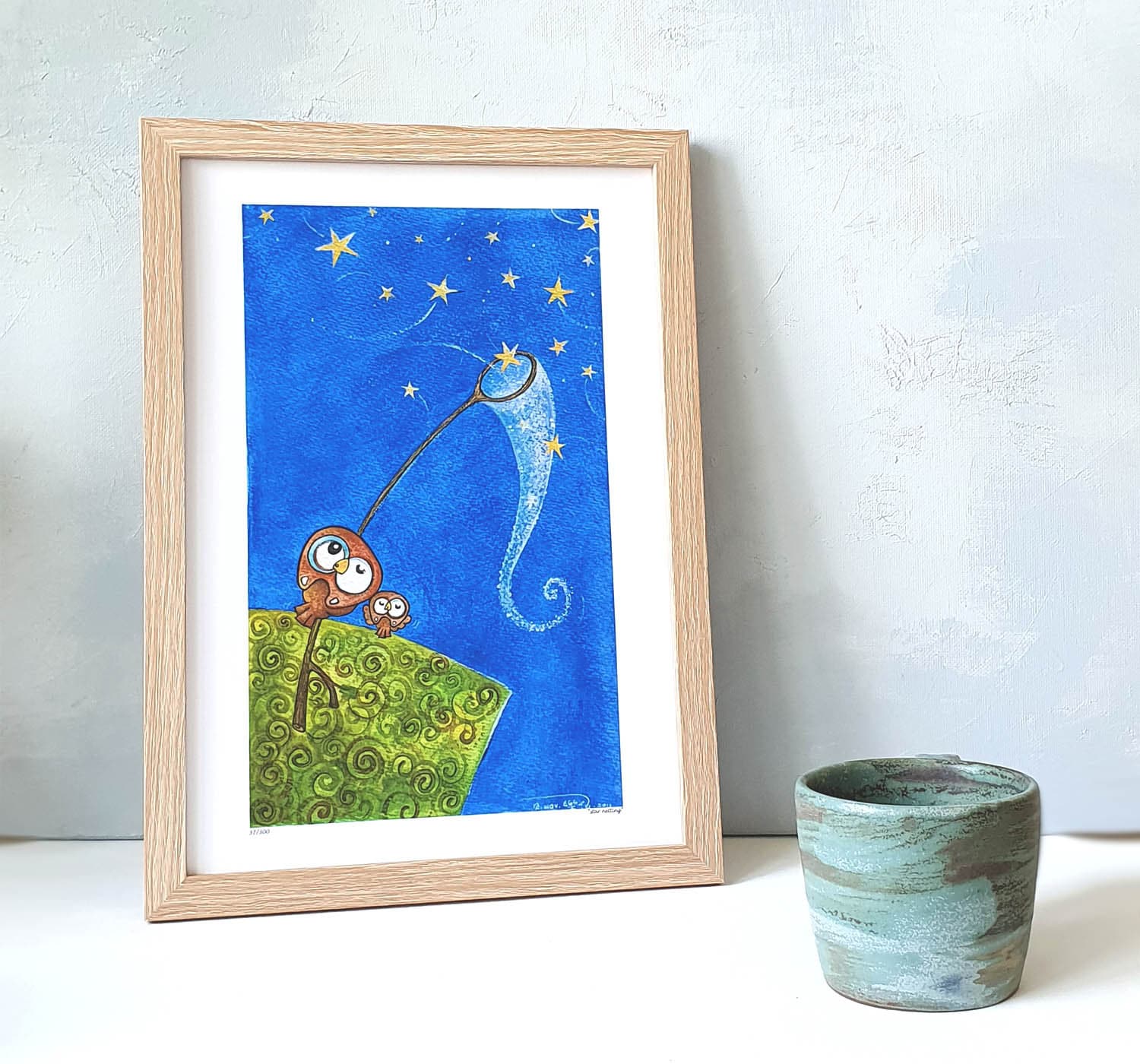 owl art print, baby room wall, catching stars, star fishing print, wish upon a star,yellow stars,A4 