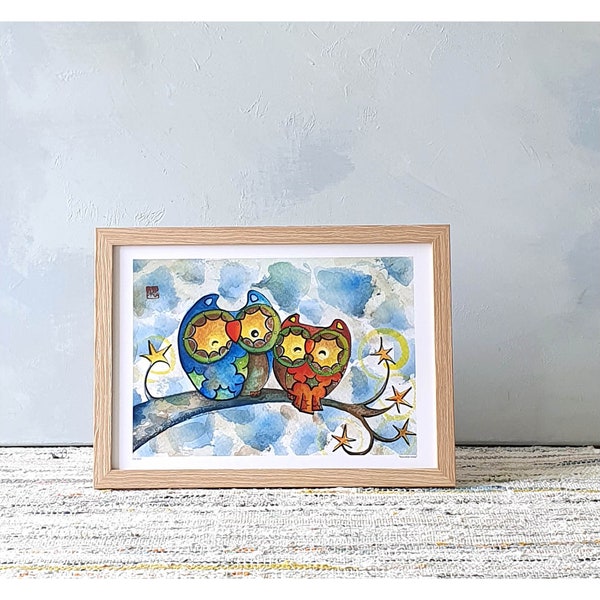 owl, owls wall decor, whimsical art, eule, star decor, christmas gift, blue and orange, new baby gift, gift for boy, etsybaby, A4 frame