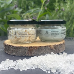 Foot Care Gift Pack, Peppermint Essential Oil Dead Sea Salt Foot Scrub, Exfoliator, Handmade, Vegan, 110g & Foot Cream with Magesium 70g