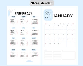 2024 Printable Calendar |A4|Minimalist|Blue|Download|Digital PDF|2024|Portrait format|2024 Calendar