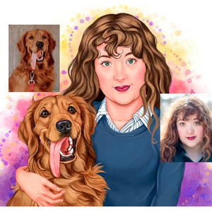Portrait with pets, Watercolor Painting, Сustom family portrait with pets, illustration of the owner and pet, Gift for friends