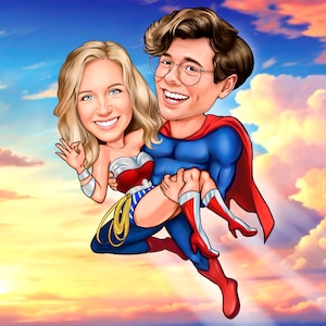 Caricatura personalizada de casal a partir de uma foto como super-heróis | Presente para casais | Casal como super-heróis, personagens de filmes e programas de TV