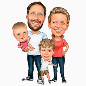 Personalisierte Familienkarikaturfoto im Bleistiftstil | Ganzkörper Familienporträt | Gruppenzeichnung | Familie ein Geschenk | Geschenk für eine Familie