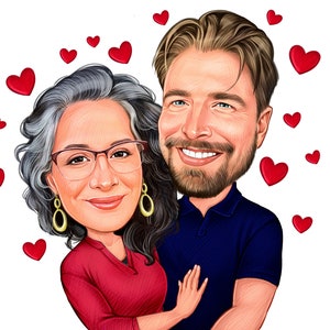 Tarjeta de San Valentín personalizada para pareja / Dibujo para pareja a lápiz con corazones a partir de una foto / Caricatura de pareja