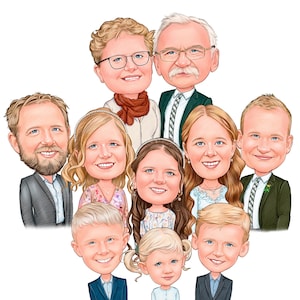 Famiglia di gruppo personalizzata in stile matita / Caricatura collettiva della famiglia da foto / Disegno di memoria realizzato a mano dalla tua foto