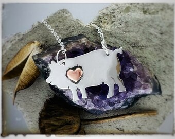 Pig with Copper Heart necklace-Recycled Sterling Silver-vegan necklace-vegan jewelry-vegan gift-birthday-anniversary-vegananniversary