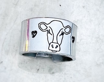 Cow Wide Ring-aluminum band- ring-vegan ring-vegan jewelry-vegan gifts-wide ring-gifts-adjustable-cow lover-Taurus-rings-farm animals