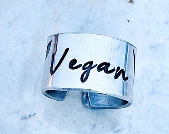 Vegan Wide Ring-aluminum band- ring-vegan ring-vegan jewelry-vegan gifts-wide ring-gifts-adjustable-rings-farm animals-v symbol