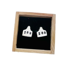 Op de afbeelding: Twee zilveren metalen oormerken met het nummer 269 erop gedrukt. De oormerken zitten in een houten doos met een zwarte fluwelen voering.