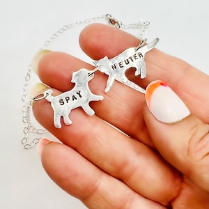 May include: A silver chain necklace with two charms, one shaped like a dog with the word "SPAY" engraved on it, and the other shaped like a cat with the word "NEUTER" engraved on it.