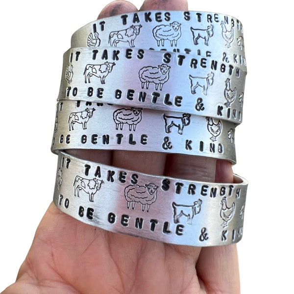 It Takes Strength to Be Gentle And Kind Farm Animal Bracelet-Minimalist Bracelet-The Smiths Lyrics-Vegan Cuff Bracelet-Gifts for Vegans