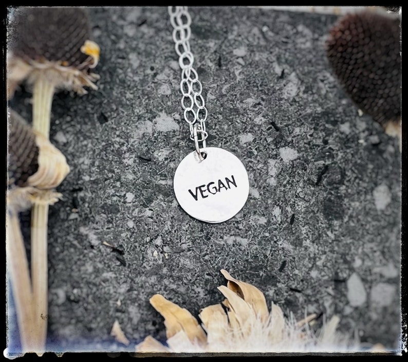 Vegan charm in recycled sterling-vegan necklace-vegan jewelry-charm necklace-vegan gift birthday-anniversary image 1