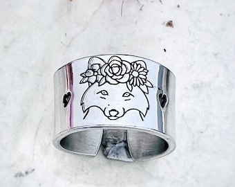 Floral Fox Wide Ring-Wide Aluminum Ring-foxes- Rings-Vegan Ring-Minimalist Ring-Gifts for Her-Wide Ring-Gifts for Mom-Go Faux-Fox Ring