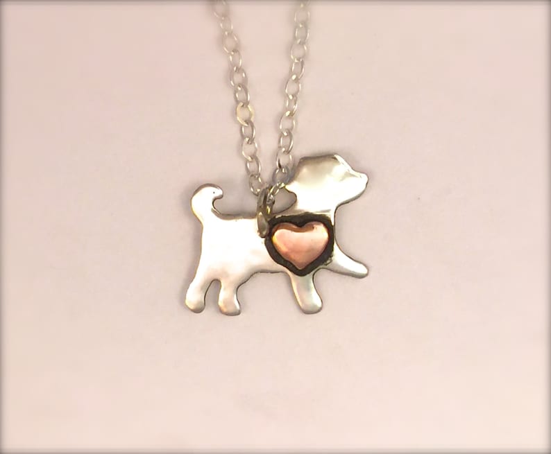 Mini Dog with Copper Heart-Recycled Sterling silver-Vegan necklace-Vegan Jewelry-Dog mom-anniversary-Birthday-Dog lover-Dog necklace