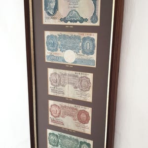 5 x Framed Vintage British Banknotes Including Wartime Emergency Issues