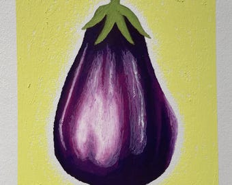 Original A4 Aubergine/Eggplant Oil Pastel Drawing | Contemporary Hand Drawn Fruit Wall Art