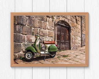 Green Vespa Art Print: Porto, European Wall Decor