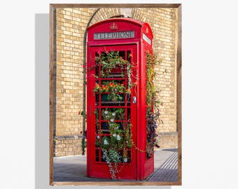 Red Phone Booth Floral Print: Bath, England Travel Photography