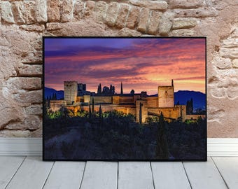 Twilight Alhambra Granada Photography: Europe Wall Art - Tranquil Night Sky Scene, Spain Travel Photography, Gift for Travel Lover,