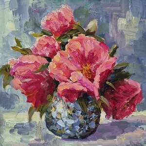 Pintura floral de peonías Arte floral original Pintura de peonías con empasto Flores Pintura pequeña Pintura con empasto Peonía Pintura 3d