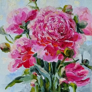 Pintura floral de peonías Arte floral original Pintura de peonías con empasto Flores Pintura pequeña Pintura con empasto Peonía Pintura 3d
