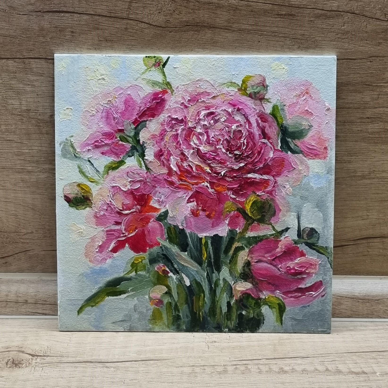 Pink Peonies Oil Painting 8x8 Impasto Floral Art Framed Coquette Room ...