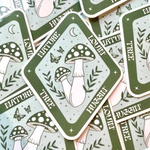 Nature Lovin&#39;, Tree Huggin&#39; Mushroom Butterfly Light Blue and Green Hand Illustrated Sticker, Motivational Sticker, Inspirational Sticker