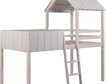 Twin Bunk Bed, House Bunk Bed for Toddlers, Floor Bunk Bed for Girls Boys, Twin Over Twin Playhouse Bunk Bed with Roof.