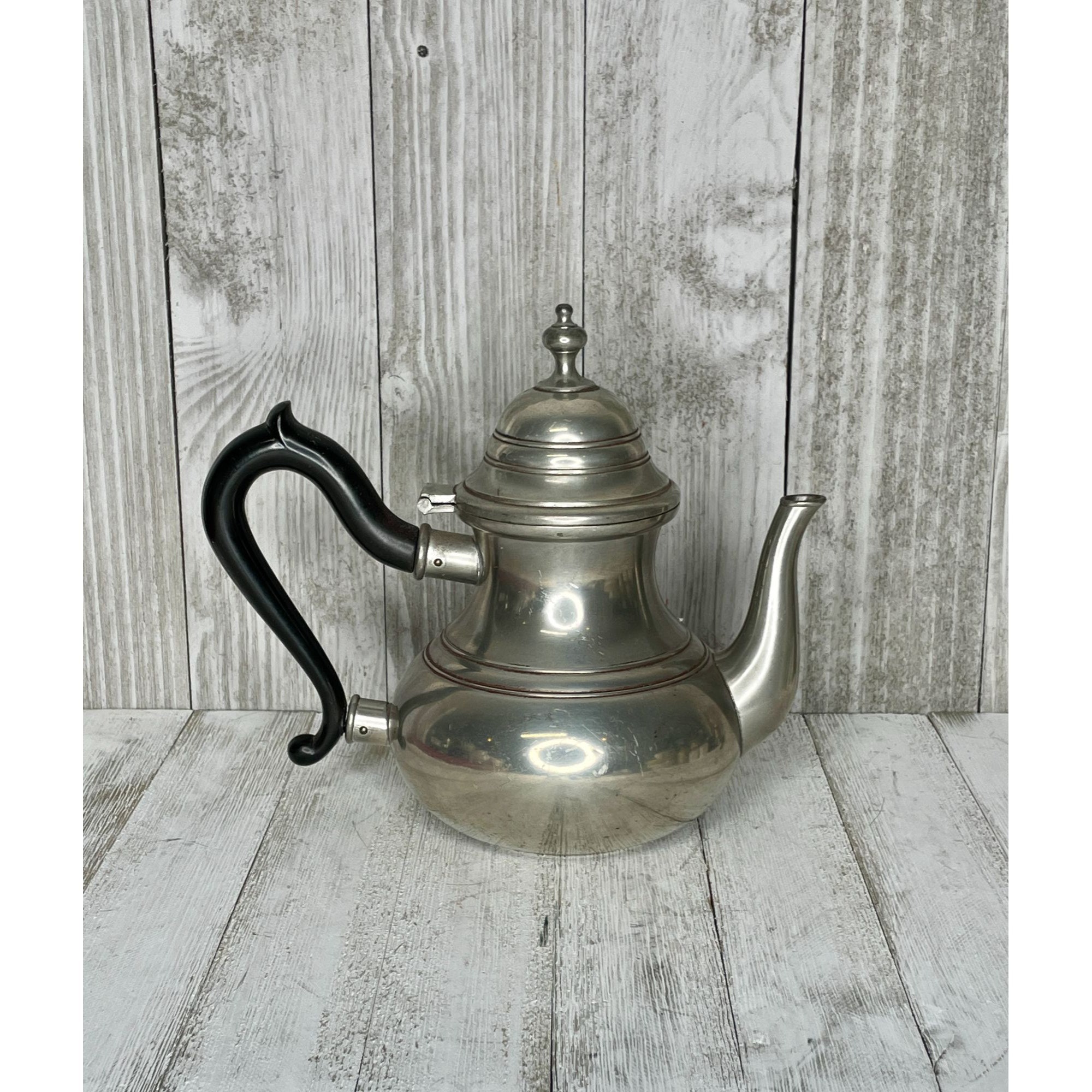 Vintage K S Pewter Tea Pot Plymouth USA Ball Wicker Wrapped Handle